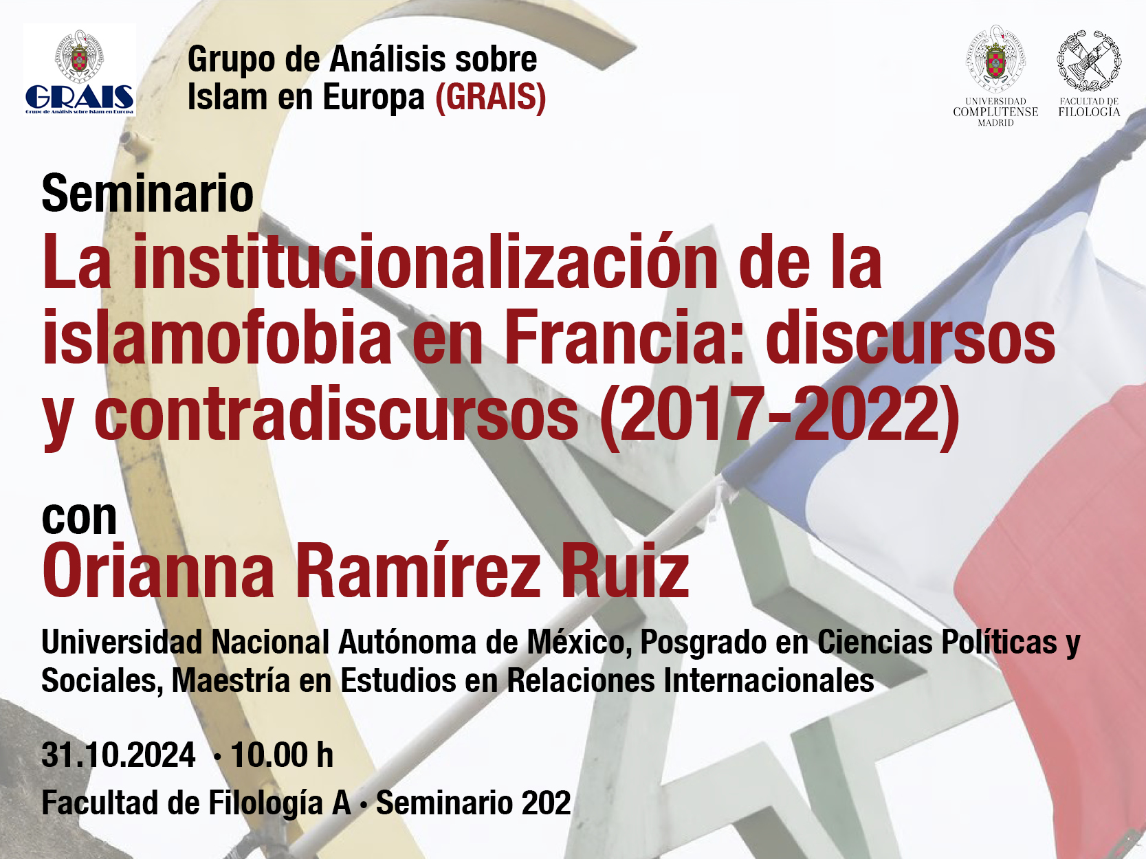 31.10.2024: Seminario "La institucionalización de la  islamofobia en Francia: discursos y contradiscursos (2017-2022)"